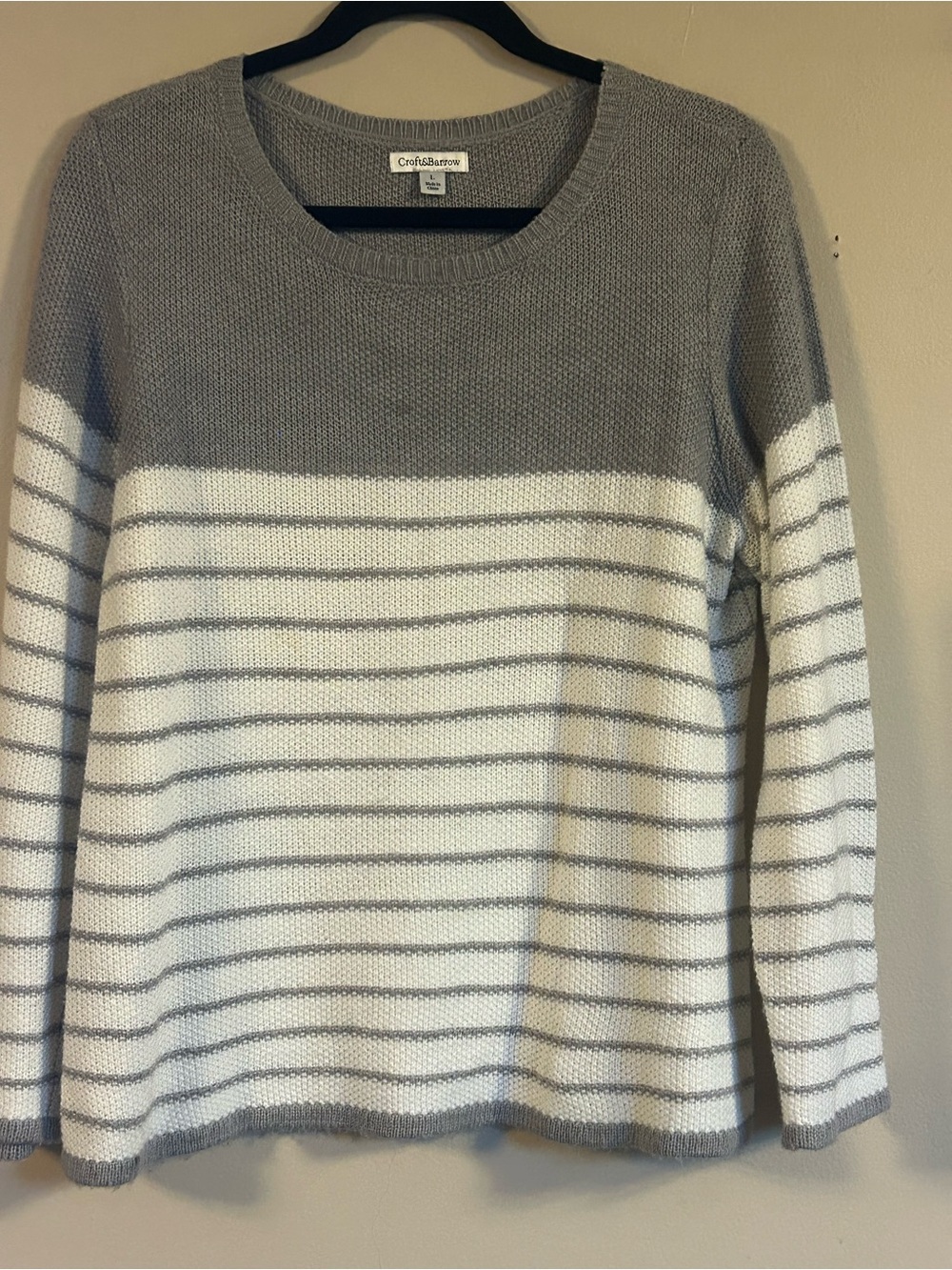 croft & barrow Gray and White Striped Scoop Neck Sweater